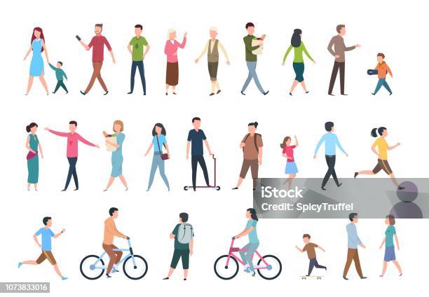 Walking People Persons In Casual Clothes Crowd Walks In City Vector Human Characters Set Stock Illustration - Download Image Now