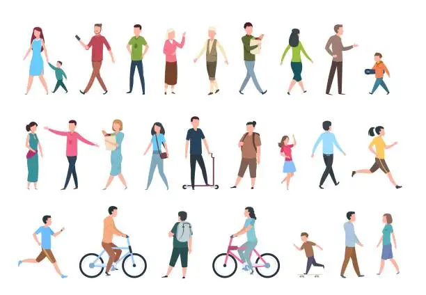 Vector illustration of Walking people. Persons in casual clothes, crowd walks in city. Vector human characters set