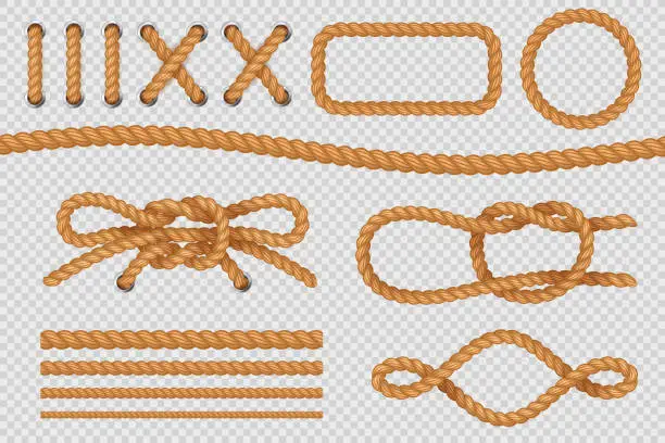 Vector illustration of Rope elements. Marine cord borders, nautical ropes with knot, old sailing loop. Vector set