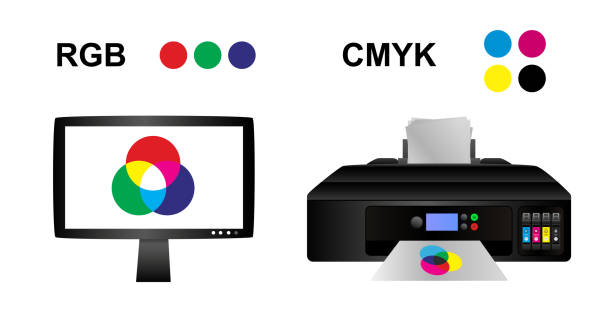 istock Vector rgb and cmyk concept with lcd monitor and office inkjet printer 1073859394