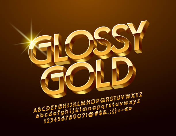 Vector Golden rotated Alphabet Letters, Numbers and Symbols Glossy 3D Font stereoscopic image stock illustrations