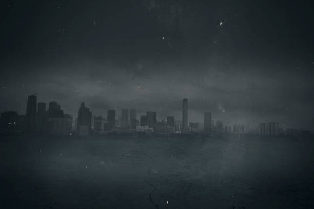 Texture dark concentrate floor with mist or fog with building on the middle