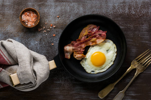 istock Traditional English breakfast with fried eggs and bacon in cast iron pan on dark concrete background. Top view. 1073879042
