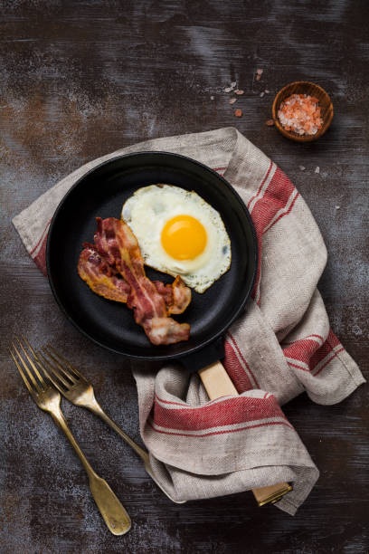 istock Traditional English breakfast with fried eggs and bacon in cast iron pan on dark concrete background. Top view. 1073879490