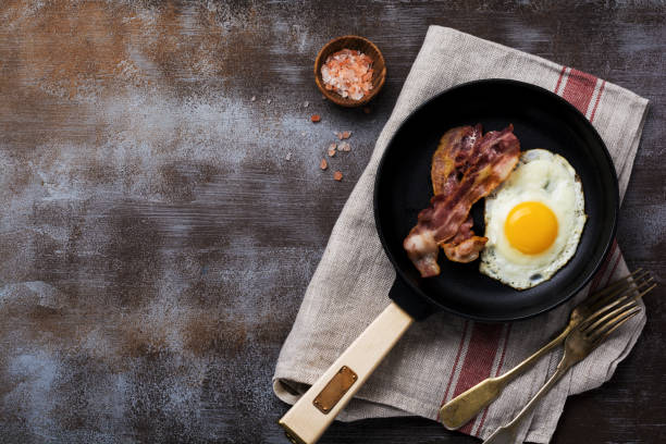 istock Traditional English breakfast with fried eggs and bacon in cast iron pan on dark concrete background. Top view. 1073880786