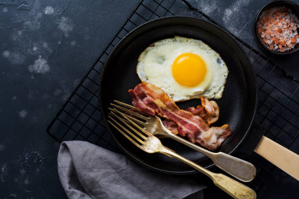 istock Traditional English breakfast with fried eggs and bacon in cast iron pan on dark concrete background. Top view. 1073881396