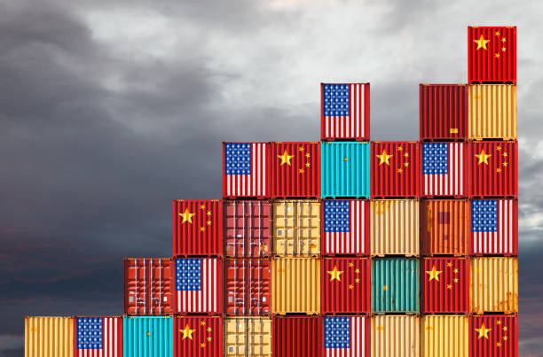 US and Chinese cargo containers Cargo containers with Chinese and United States flags reflecting trade war and restrictions in export and import tariff stock pictures, royalty-free photos & images