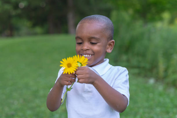 A little African-American boy smiles as he picks yellow flowers in a park.