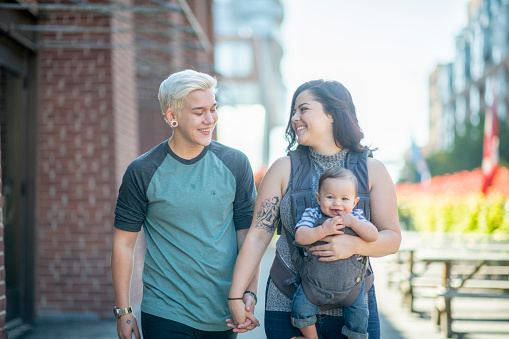 A lesbian couple is walking in an urban area along with their son, who is in a baby carrier.