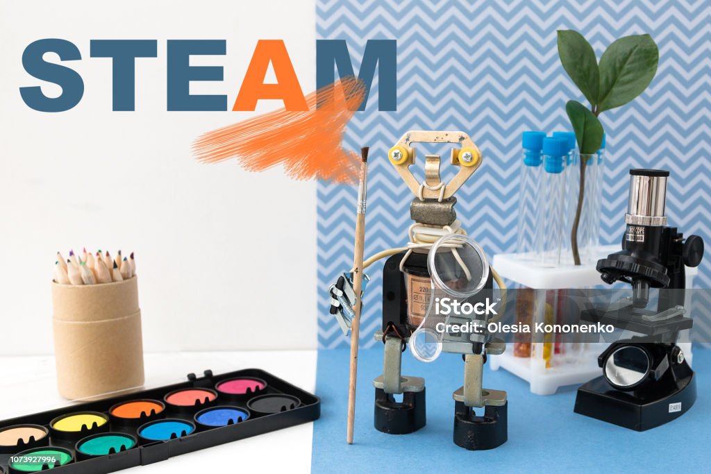 STEAM education robot Metal robot with a brush in his hand. Stem plus art is equal to STEAM. Science, technology, engineering, art, mathematics. Concept of new methods of teaching children and teenagers. Steam Stock Photo