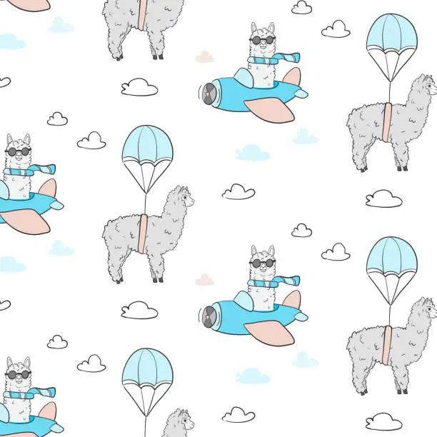 Vector illustration of Cute Lama flying pattern. Textile cloth illustration with pilot alpaca with parachute. Childish print for fabric, t-shirt, poster, card, baby shower. Vector Illustrtion.
