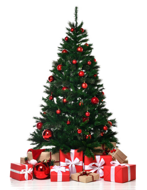 istock Christmas tree decorated with x-mas red patchwork ornament artificial balls craft presents gifts for new year 2019 1073930930