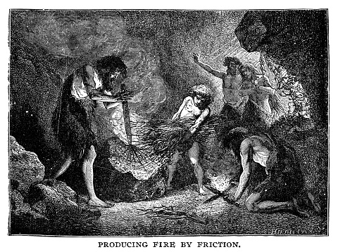 Caveman producing fire by friction - Scanned 1890 Engraving