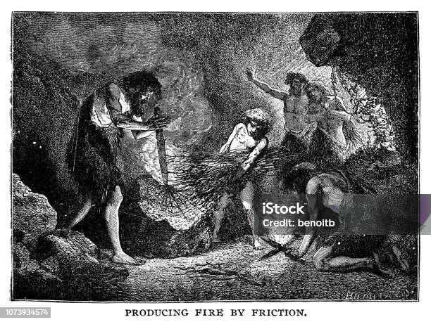 Caveman Producing Fire By Friction Stock Illustration - Download Image Now - Caveman, Fire - Natural Phenomenon, Stone Age