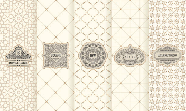 illustrations, cliparts, dessins animés et icônes de ensemble de vecteur d’étiquettes des éléments de design, icône, image luxe emballage pour le produit - wallpaper retro revival pattern old fashioned