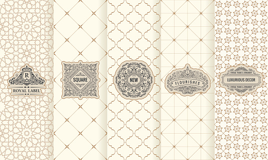 Vector set of design elements labels, icon, frame, luxury packaging for the product. Vertical white cards on seamless background. Templates vintage ornament