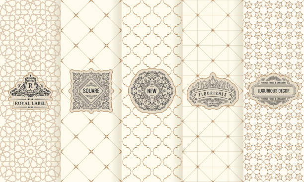 Vector set of design elements labels, icon, frame, luxury packaging for the product Vector set of design elements labels, icon, frame, luxury packaging for the product. Vertical white cards on seamless background. Templates vintage ornament east stock illustrations