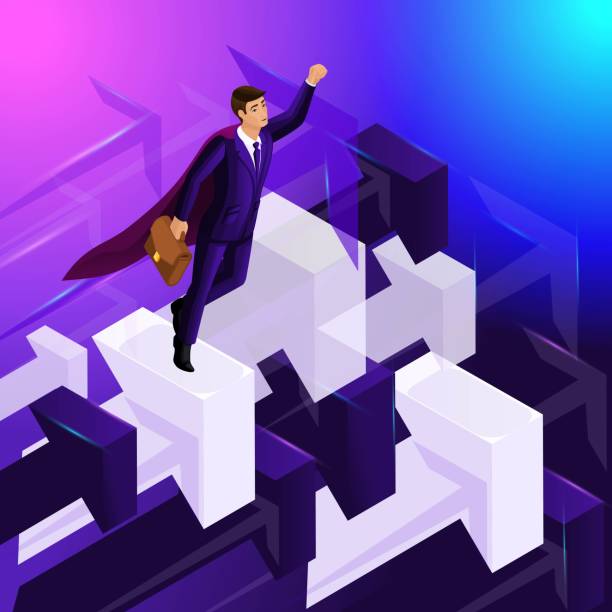 istock Advertising concept isometry, 3d businessman flies up, arrows pointing up, showing movement towards the goal. Excellent vector illustration for advertising 1073942916