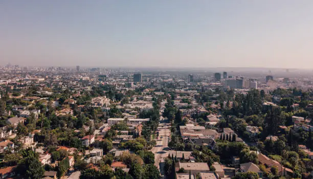 Panoramic aerial view on the Los Angeles from above. Clear blue sky.