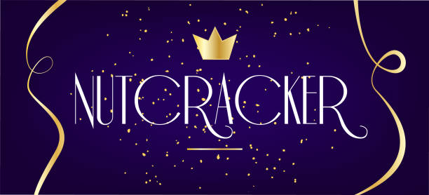 illustrazioni stock, clip art, cartoni animati e icone di tendenza di biglietto di auguri con corona, nastro e coriandoli dorati su sfondo blu. biglietto del balletto. banner vettoriale. - nutcracker