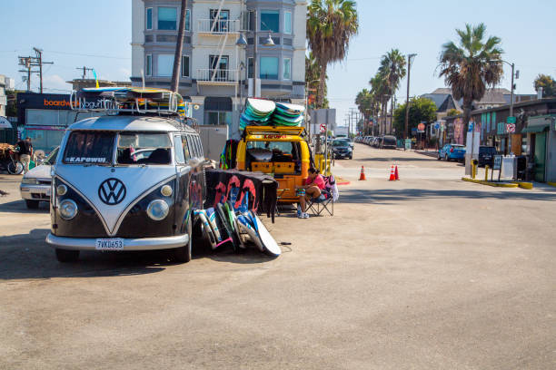 A classic Volkswagen Van full with surf boards Venice beach, Los Angeles, United States - March 15, 2015: A classic Volkswagen Van full with surf boards parked at the Venice beach in Los Angeles. California Zephyr stock pictures, royalty-free photos & images