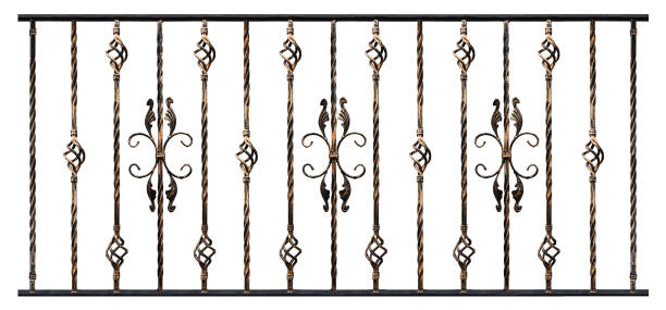 istock Samples of forged products isolated on white background, gilding effect. Decoration element of stairs handrails or balcony. Elements for designer work 1073949152
