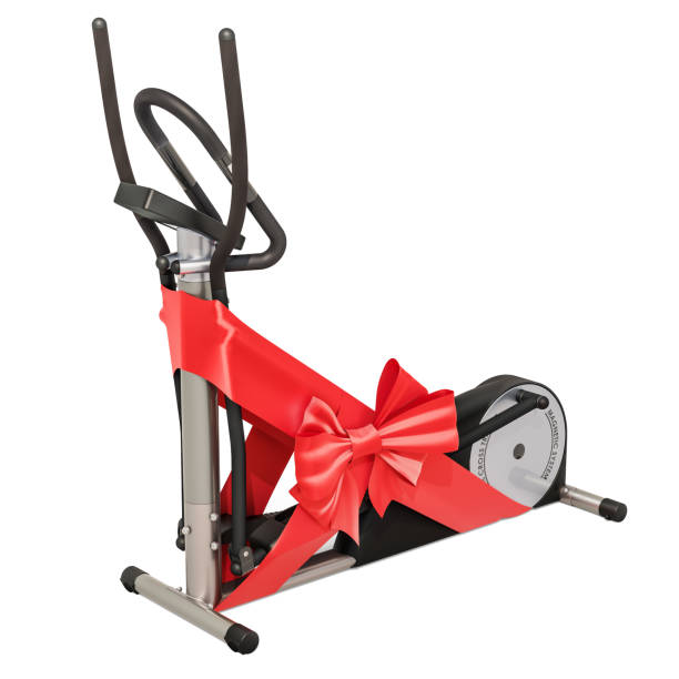 istock Elliptical trainer with bow and ribbon, gift concept. 3D rendering isolated on white background 1073950328