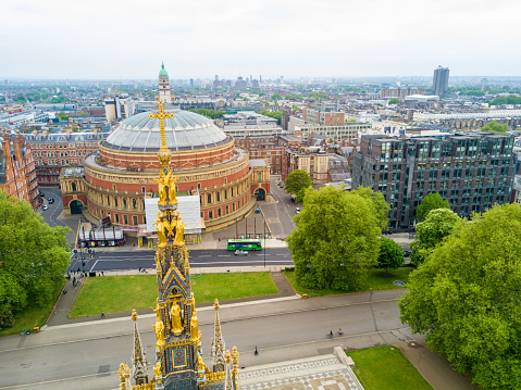 London, UK - June 20, 2014: Aerial view of the gothic golden memorial to Prince Albert in London, UK