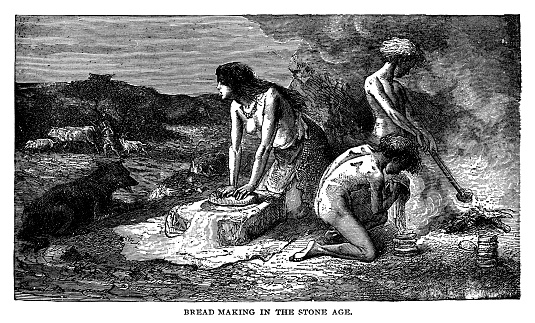 Bread making in the stone age - Scanned 1890 Engraving