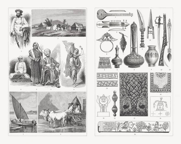 Indian culture, people and culture objects, wood engravings, published 1897 Indian culture, people and culture objects. Left side: 1) Raja; 2) Hindu village in southern Deccan; 3) Brahmin from Bengal; 4) Hindu woman; 5) Tamil from Madras; 6) Dancing bajadere; 7) Bandar boat from Mumbai; 8) Zebu ox cart of a rich Indian woman. Right side: 1) Sitar; 2) Sarangi; 3) Bangle; 4) Necklace pendant from Sindh; 5-6) Glazed clay jugs; 7) Earring; 8) Gilded and engraved Surahi; 9) Spearhead;; 10) Dagger (Katar); 11) Talwar saber with serrated blade; 12) Musket (Rifle barrel made of Damascus steel, rifle stock with lacquer painting); 13) Carved wooden spoon; 14) Border of a mat (woven ivory, meander motifs); 15) Symbol of the Hindu god Jagannatha; 16) Nose jewelry; 17) Jamdani muslin ornament from Machilipatnam (Krishna); 18) Cotton carpet from Bengal; 19) Dschaina emblems; 20) Indian font and painting. Wood engravings, publishedin 1897. raja stock illustrations