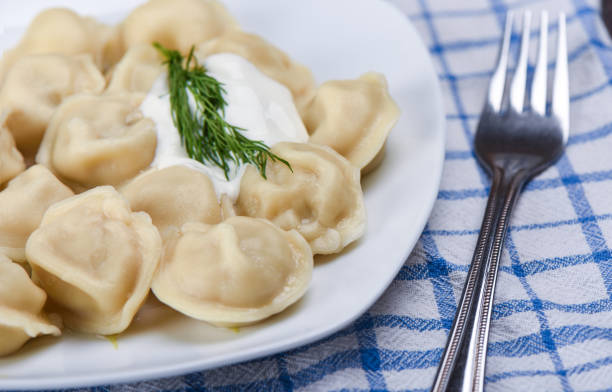 istock Selective focus. Hot dumplings with sour cream and dill. 1073965594