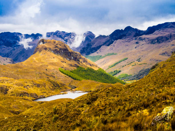 Ecuador, scenic landscape in Cajas National Park with ponds, mountains and pristine moorlands