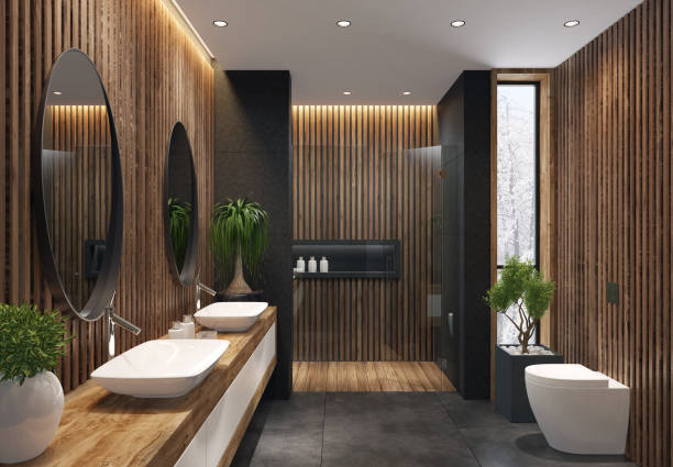 istock Luxurious minimalist bathroom with wooden wall 1073982688