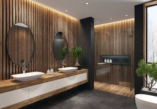istock Luxurious minimalist bathroom with wooden wall 1073982690