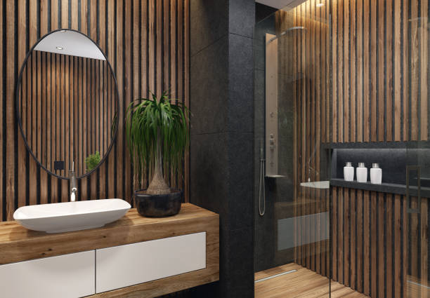 istock Luxurious minimalist bathroom with wooden wall 1073982756