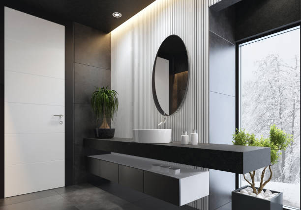 istock Luxurious black and white bathroom with striped walls 1073986358