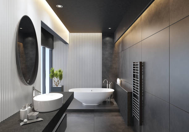 istock Luxurious black and white bathroom with striped walls 1073986390
