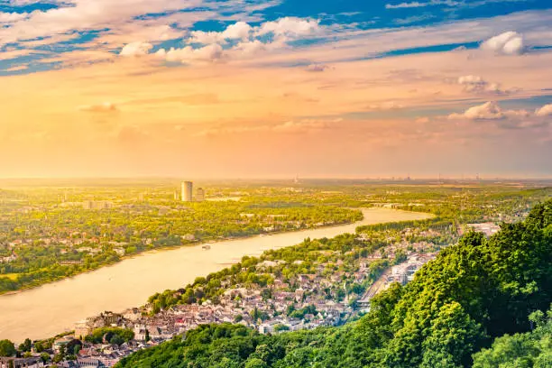 Panorama view from the Drachenburg hill, Drachenfelsen to the river Rhine and the Rhineland, Bonn, Germany, Europe