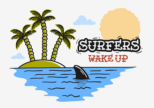 Surfing Surf Themed With Shark Fin And An Island With Palm Trees Hand Drawn Traditional Old School Tattoo Aesthetic Flesh Body Art Influenced  Drawing Vintage Inspired Illustration   Vector Image