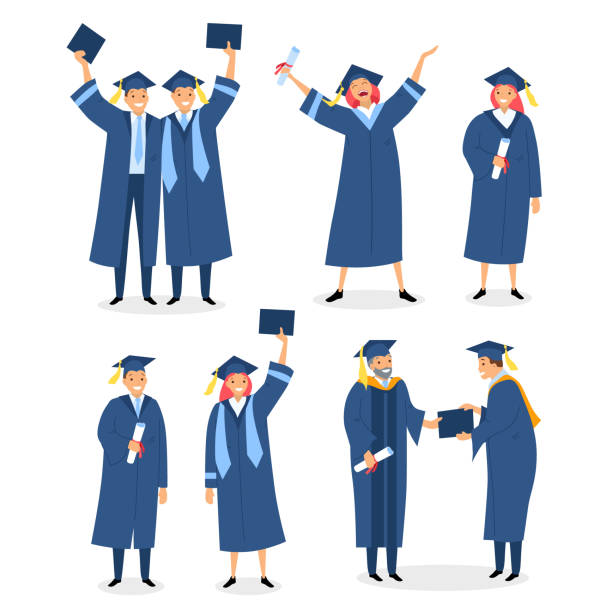 Happy graduates set with diploma and certificates. Graduation ceremony. Congratulations to alumnus and students who pass exams successfully vector illustration isolated Happy graduates set with diploma and certificates. Graduation ceremony. Congratulations to alumnus and students who pass exams successfully vector illustration isolated ceremony illustrations stock illustrations