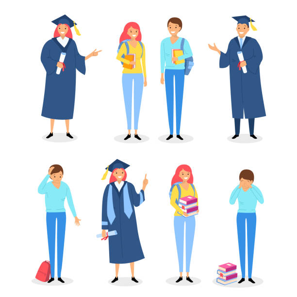 Happy and sad graduates set with books, diploma and certificates. Student fail exam and pass exams successfully. University study program and successful learning class vector illustration isolated Happy and sad graduates set with books, diploma and certificates. Student fail exam and pass exams successfully. University study program and successful learning class vector illustration isolated sad girl graduation stock illustrations