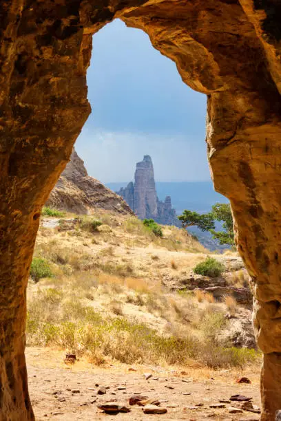 Cave entrance in the Gheralta Mountains, Hawzen, Tigray region, Ethiopia. The Gheralta cluster includes more than 30 rock-hewn churches dating from the middle ages.