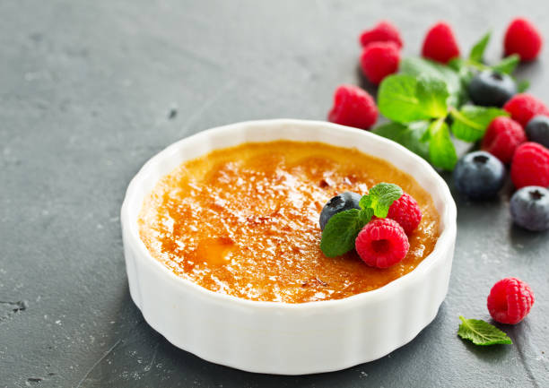 istock Creme brulee. dessert with caramel crust and berries. 1073994860