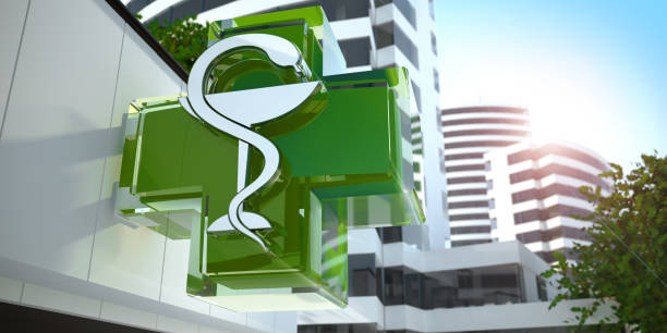 Green cross at a building, 3D illustration