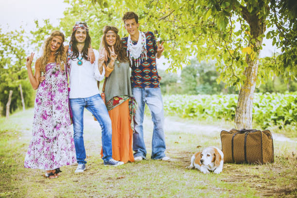 Hippies: old fashioned group of friends