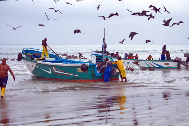 Fishing boats pulled up on the beach in the harbor in Puerto Lopez, Ecuador