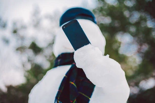 boneco de neve usando telefone inteligente - blue blueberry cold food descriptive color - fotografias e filmes do acervo