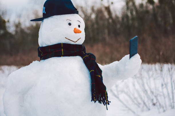 boneco de neve usando telefone inteligente - blue blueberry cold food descriptive color - fotografias e filmes do acervo