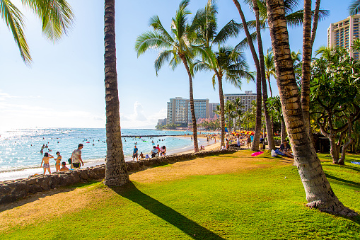 Beautiful park near Waikiki beach in Honolulu, Hawaii, USA. August 30, 2017.