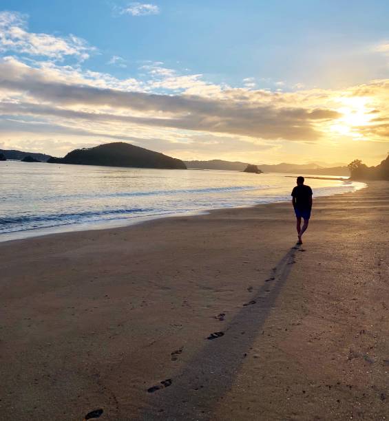 보기를 보고 해변에 산책 하는 남자 - men footprint beach sunset 뉴스 사진 이미지